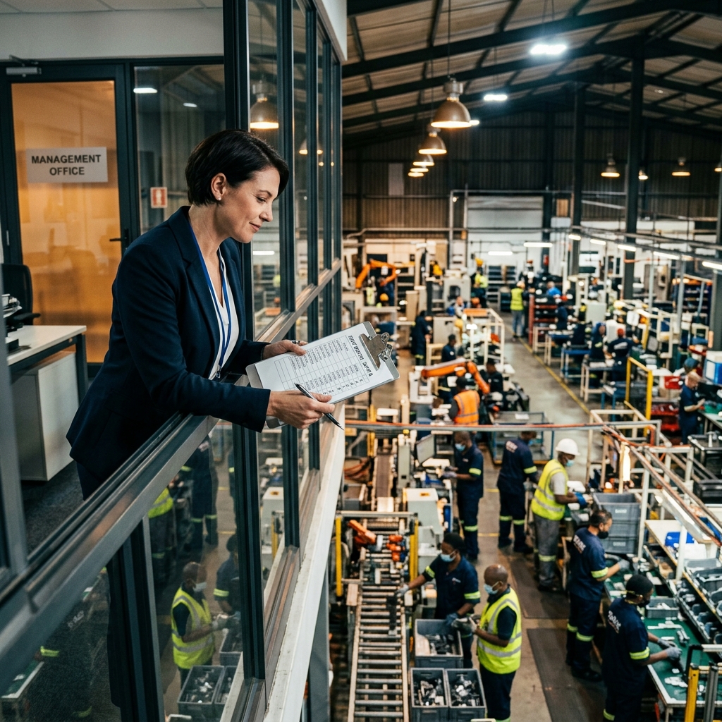 Produktionsdirektør med overblik over medarbejdere på fabriksgulvet nedenunder
