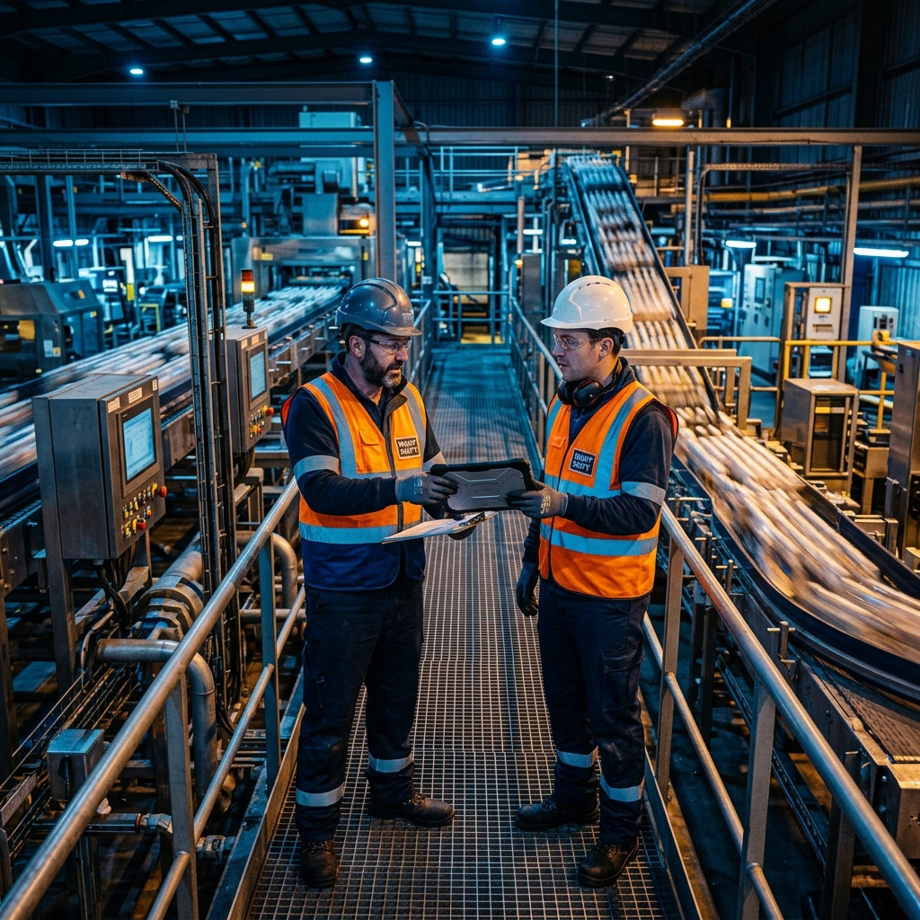 To industrimedarbejdere ved vagtskifte på produktionsgangen med bevægende transportbånd