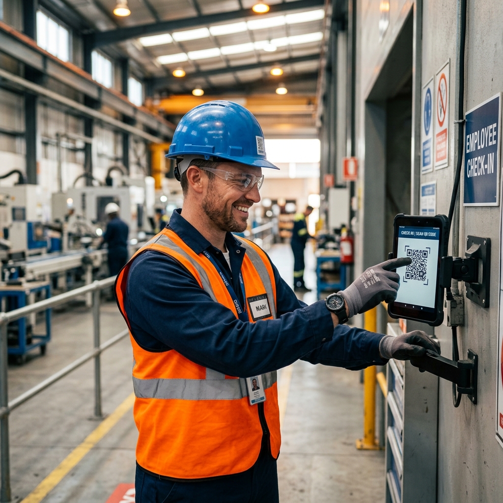 Industrimedarbejder der tidsregistrerer på tablet